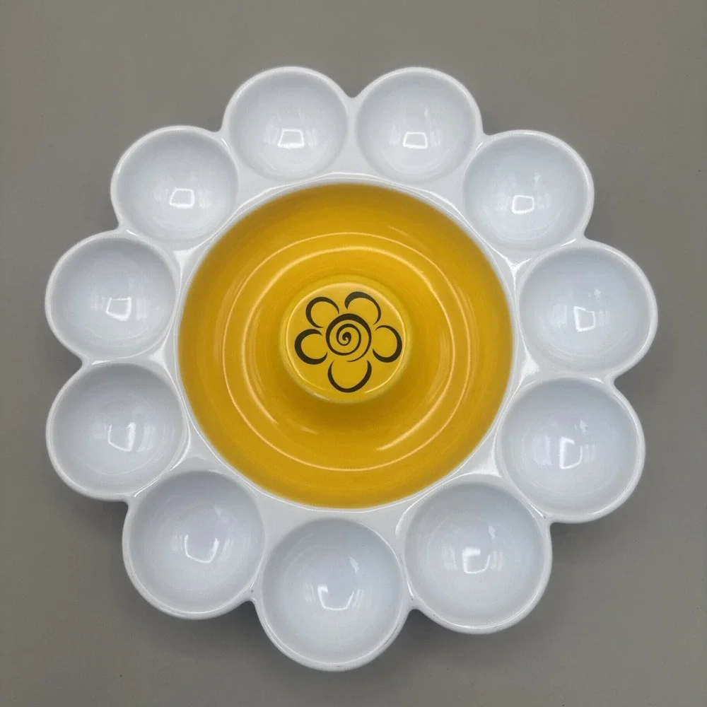 Daisy Ceramic Deviled Egg Platter Center for Dips Garnish Easter Teatime Spring